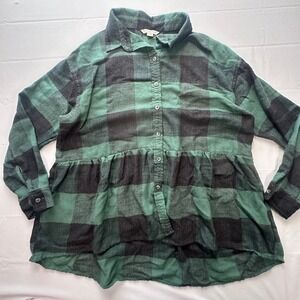 American Eagle Green Black Buffalo Plaid Flannel Peplum Babydoll Shirt Small